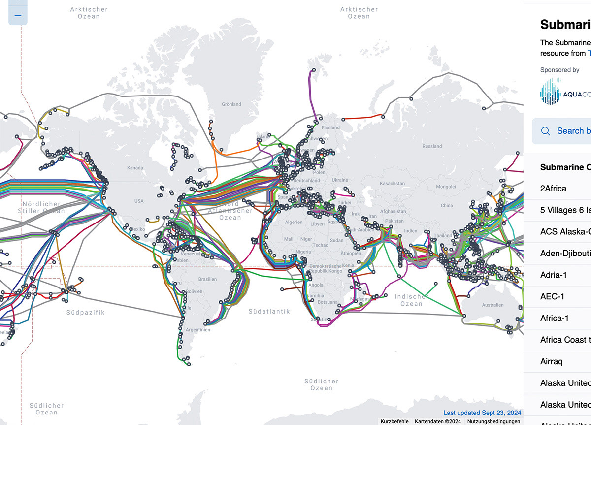 This interactive image shows a telegraph map from 1901. The world map looks like it has been drawn with a pencil atop light blue oceans. The names of places, landscapes and oceans are written in capital letters on top. In the middle of the map is Europe, and from Britain, many red cables emerge that span across the map and connect to the other continents. Underneath of this image, there is a slider element. When moving this slider, another image is layered atop this map. This other image is a representation of all current submarine cables on a world map. The cables are colorful, and all landing stations are represented by little dots. Both images resemble one another when it comes to the positions of the cables. Moving the slider back and forth and thus changing the transparency of the modern map atop makes this more apparent.