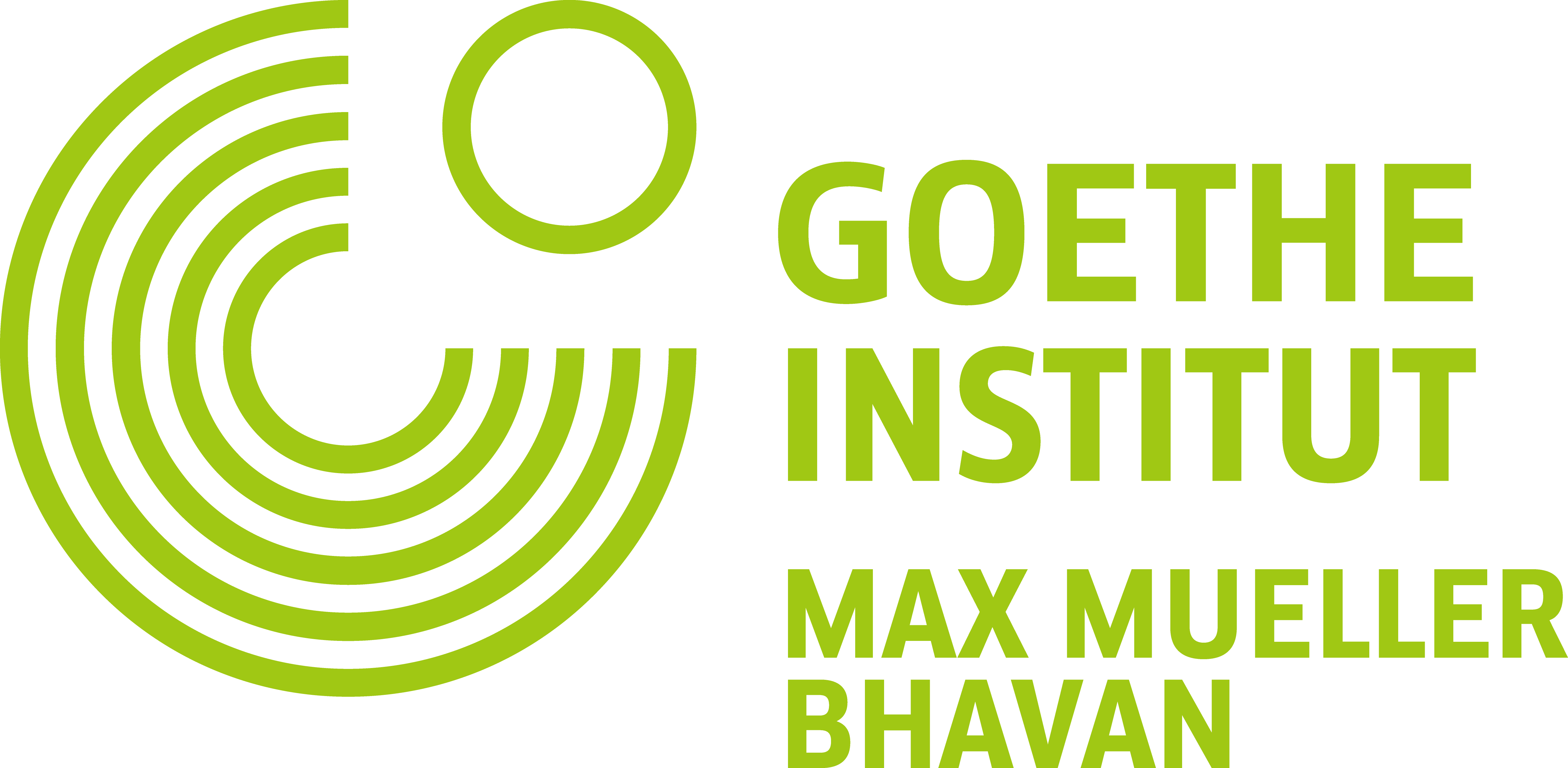 In a lime green, this logo consists of a visual element and a non-serif uppercase font that reads in large letters GOETHE INSTITUT and in smaller letters below: Max Mueller Bhavan. On the left side of the arranged fonts, the visual element consists of 5 outlines of circles that are open to the upper right side like a pie chart. In the space that emerges, a small round circle finds a place.