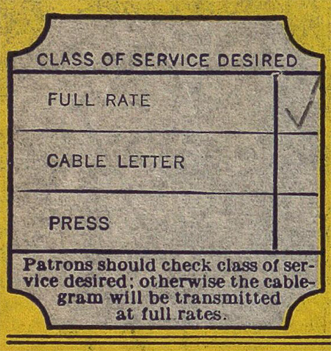 A form on a telegram with a yellow border titled ‚Class of Service Desired‘ featuring three options: Full Rate (checked with a pencil mark), Cable Letter, and Press. A note below reads, Patrons should check class of service desired; otherwise the cablegram will be transmitted at full rates.